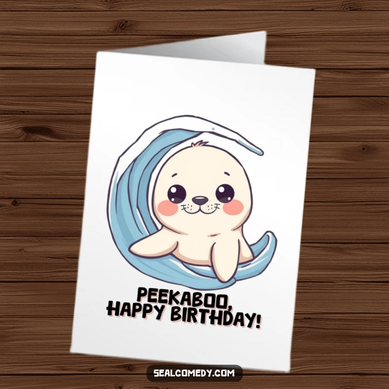 Funny Free Printable Birthday Card featuring a curious seal peeking its head playfully out from a cresting water wave.