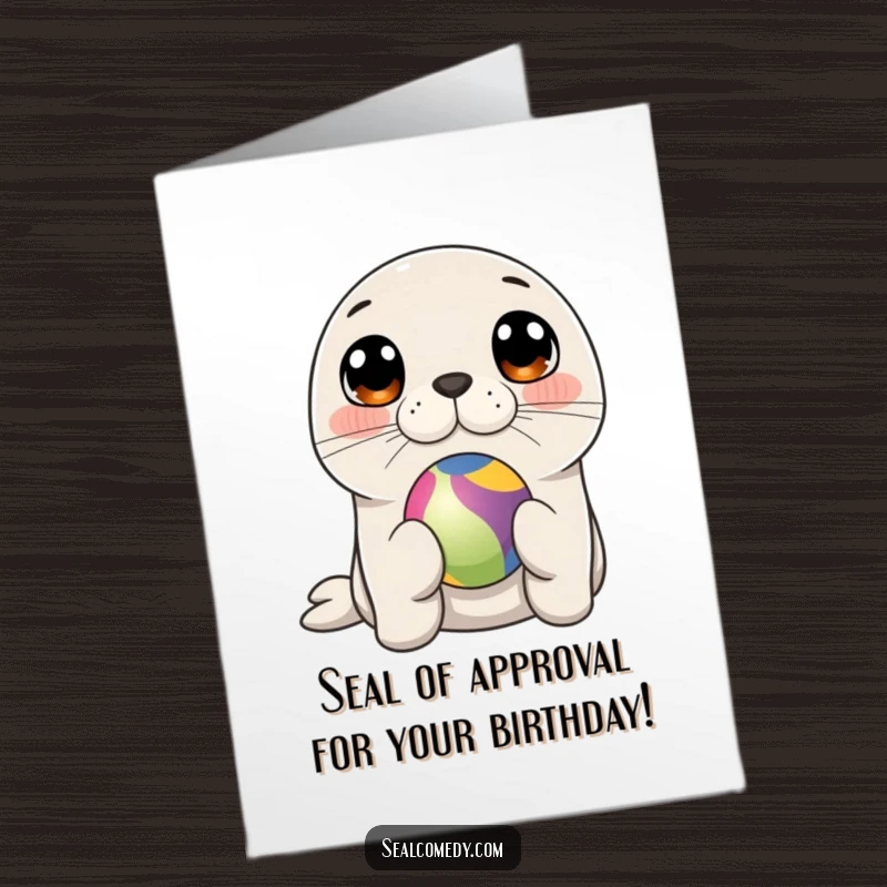 Funny Free Printable Birthday Card: A cute seal with curious eyes balances a colorful ball on its nose, ready for a celebration.