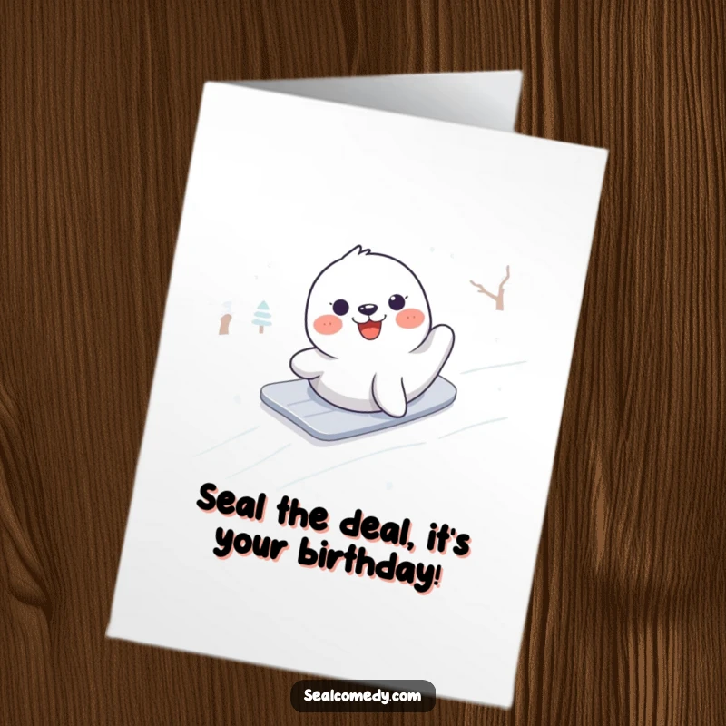 Funny Free Printable Birthday Card: Happy seal gleefully sliding down a snowy slope, ready for a wild celebration. A joyful DIY gift.