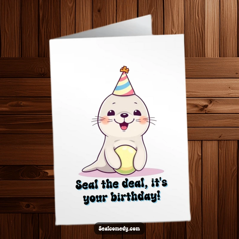 Funny Free Printable Birthday Card: Seal pup in party hat, balancing ball, looking ecstatic, ready for party fun.