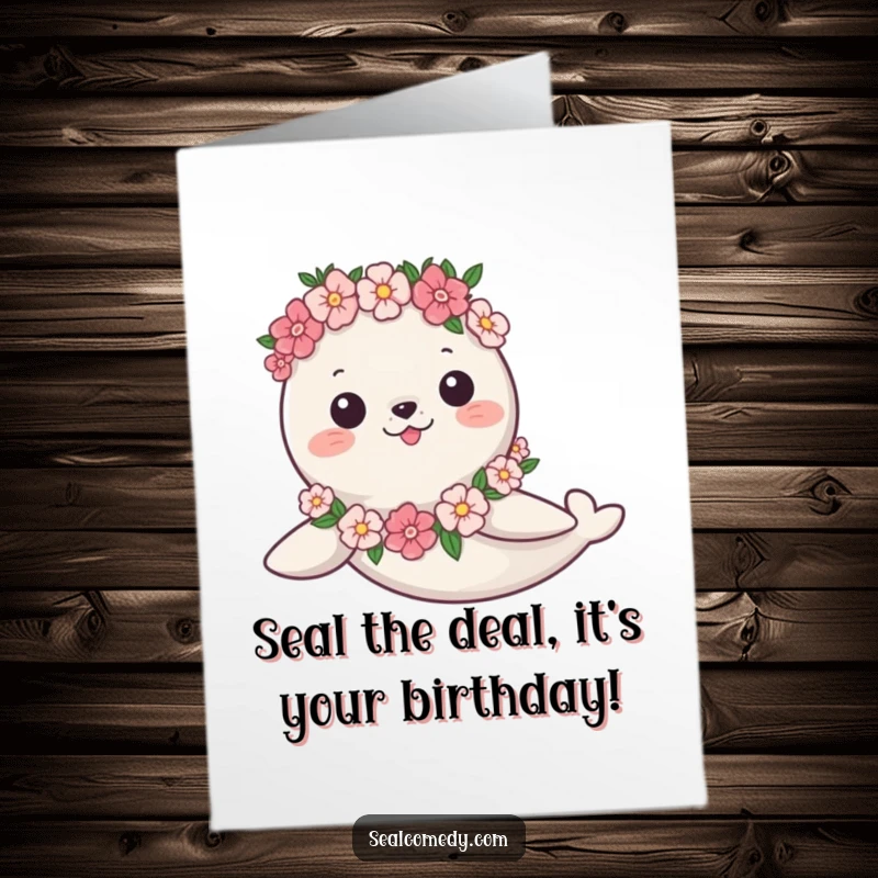 Funny Free Printable Birthday Card featuring a graceful seal wearing a flower garland, swimming joyfully underwater.