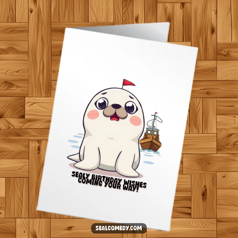 Funny Free Printable Birthday Card: Surprised seal with wide eyes reacting comically to a distant boat, perfect for a laugh.