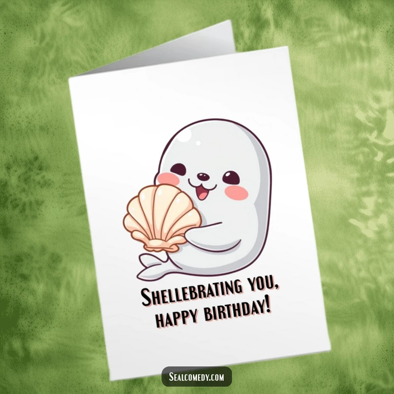 Funny Free Printable Birthday Card: A seal smiles warmly, offering a shiny seashell as a special birthday gift. DIY joy.