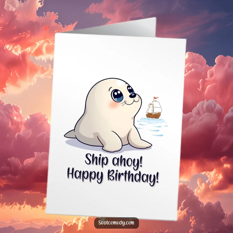 Funny Free Printable Birthday Card: Wide-eyed seal gazing longingly at a toy ship, wishing happy birthday.