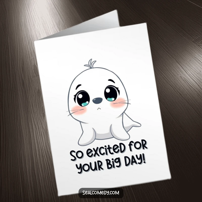 Funny Free Printable Birthday Card: A seal looks up with huge, excited eyes, anticipating a great celebration. DIY fun.