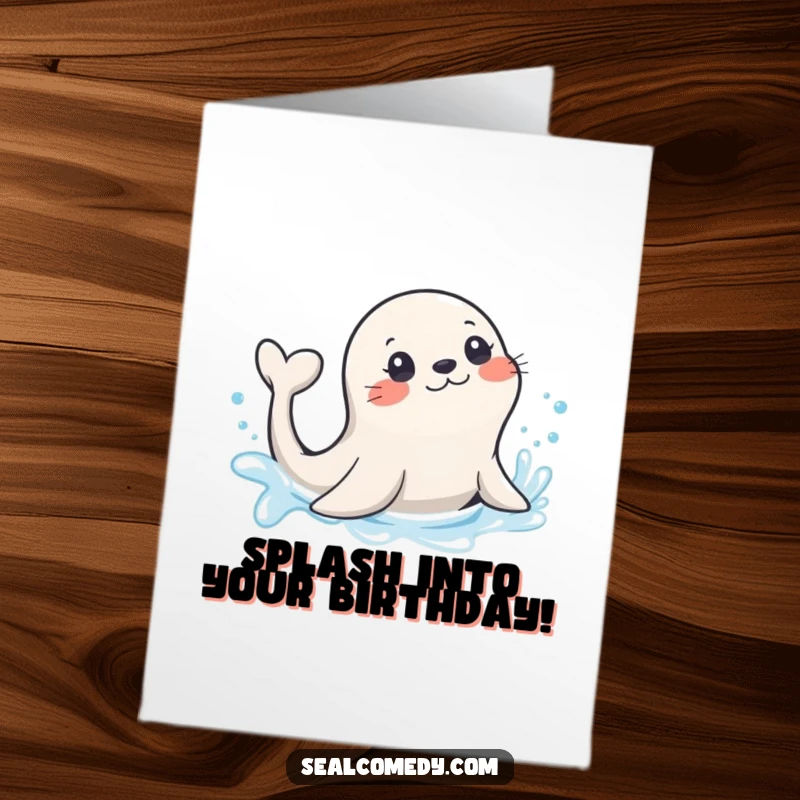 Funny Free Printable Birthday Card: A seal playfully splashes in water with a flick of its tail, celebrating.