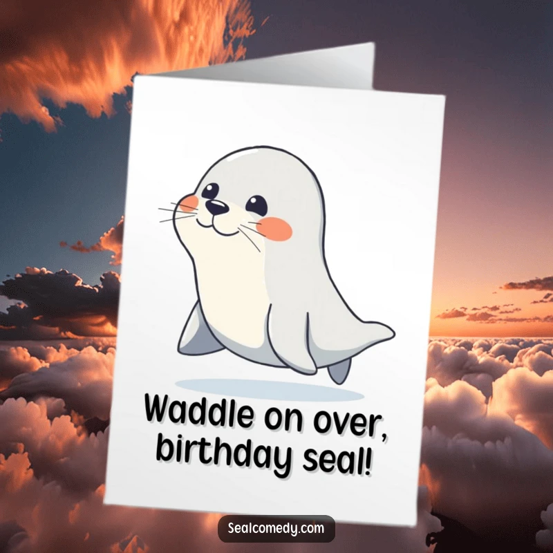 Funny Free Printable Birthday Card: A seal waddles with purpose and a happy expression, on its way to celebrate. DIY.