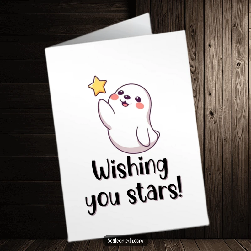 Funny Free Printable Seal Birthday Card: Playful seal reaching for star icon, wishing happy birthday, downloadable gift art.