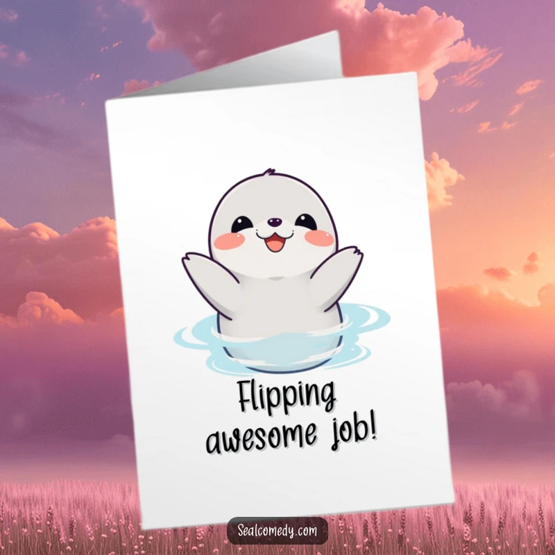 Funny Free Printable Congratulations Card featuring a playful seal clapping its flippers with glee in the sparkling water.