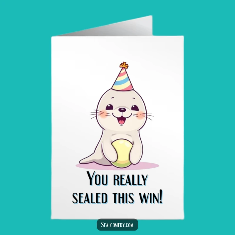 Free Printable Congrats Card: Funny Seal Pup Ball Balancing Celebration Downloadable Gift