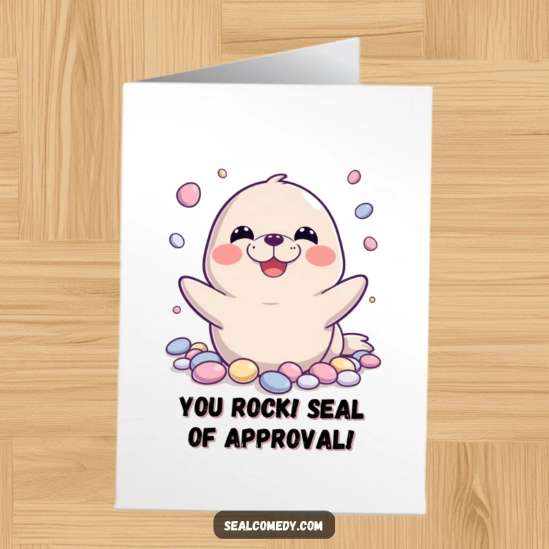 Funny Free Printable Congratulations Card with a happy seal juggling pebbles, symbolizing a fantastic accomplishment.