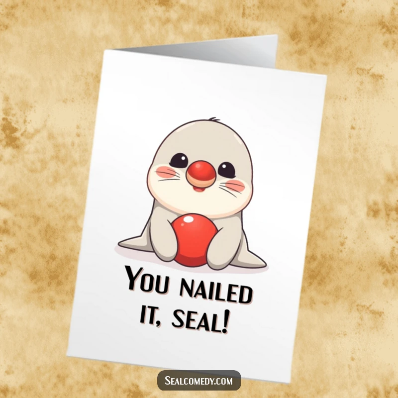 Funny Free Printable Congratulations Card featuring a cheerful seal maintaining perfect balance with a vibrant red ball on its nose.