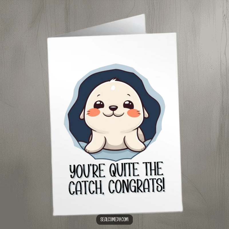 Funny Free Printable Congratulations Card: Curious seal character peeking from an ice hole, celebrating a new success.