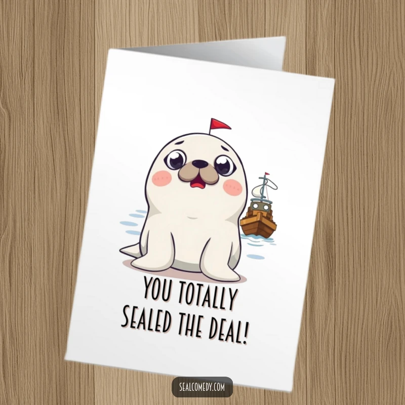 Funny Free Printable Congratulations Card: Wide-eyed seal startled by a boat, ideal for a unique and humorous congratulatory message.