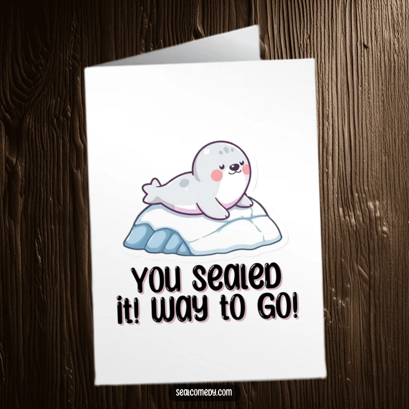 Funny Free Printable Congratulations Card: A seal character joyfully sliding down an ice slope, ideal for a DIY congrats.