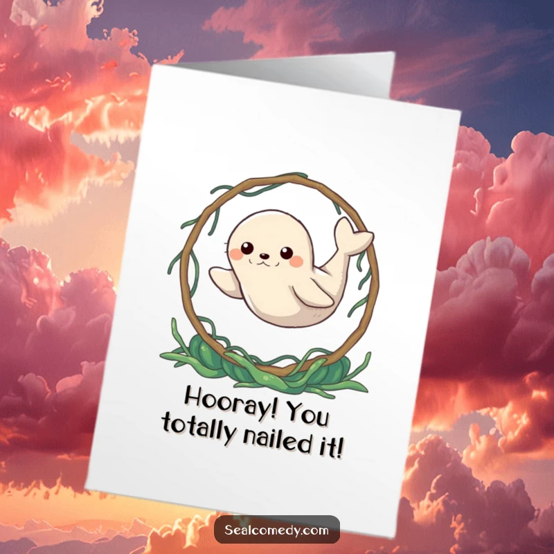 Funny free printable congratulations card featuring a determined seal leaping through a seaweed hoop.