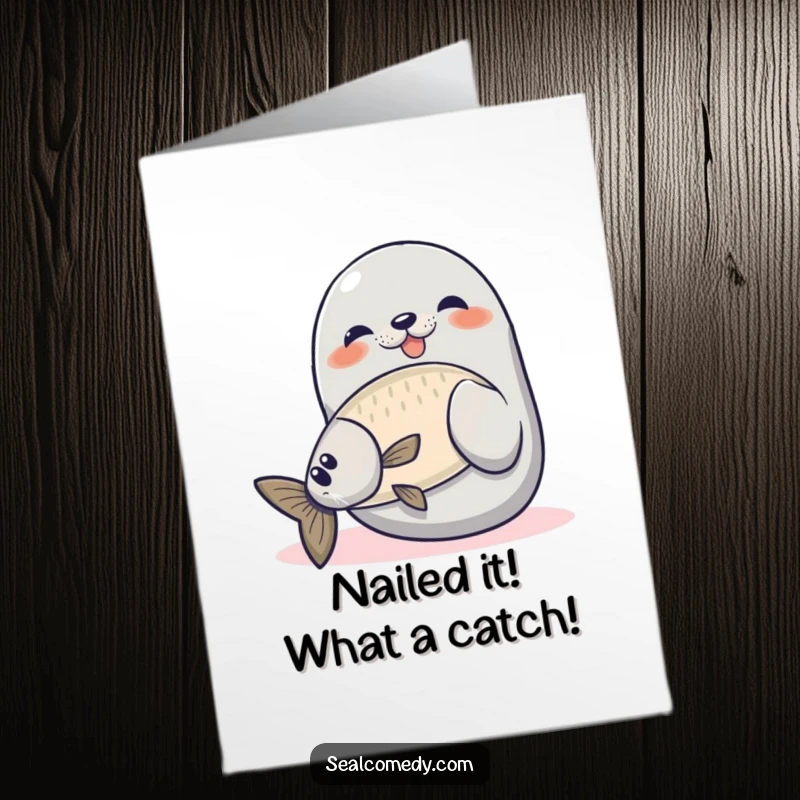 Funny Free Printable Seal Congratulations Card, a proud seal catching a fish, a fantastic downloadable gift.