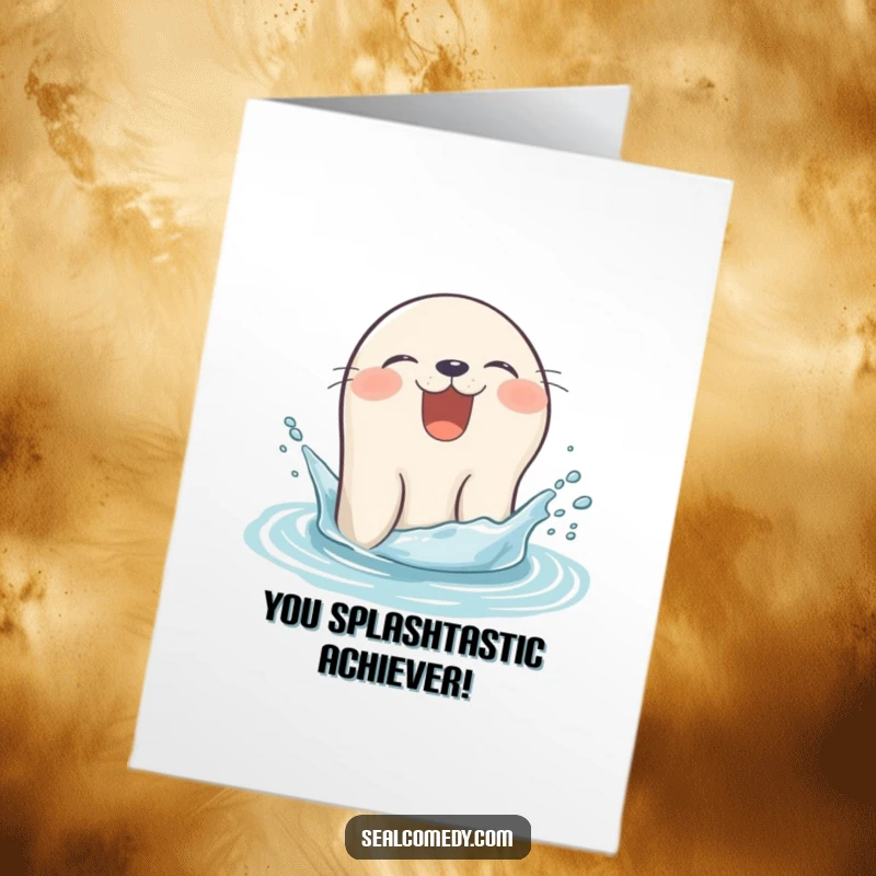Funny free printable seal congratulations card, a giggling seal popping its head out of water with a splash, celebrating wins.