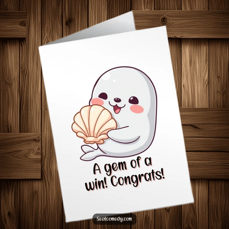 Funny Free Printable Congratulations Card: A seal beams with pride, presenting a shiny seashell to celebrate your achievement. Downloadable fun.