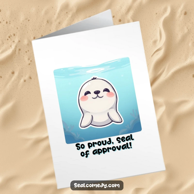 Funny Free Printable Congratulations Card: A charming seal with a shy smile peeking from the water.