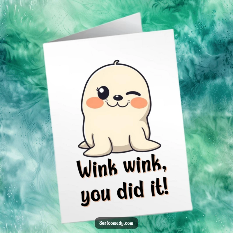 Funny free printable congratulations card: A seal winking with a mischievous grin, celebrating your clever victory with playful, knowing charm.