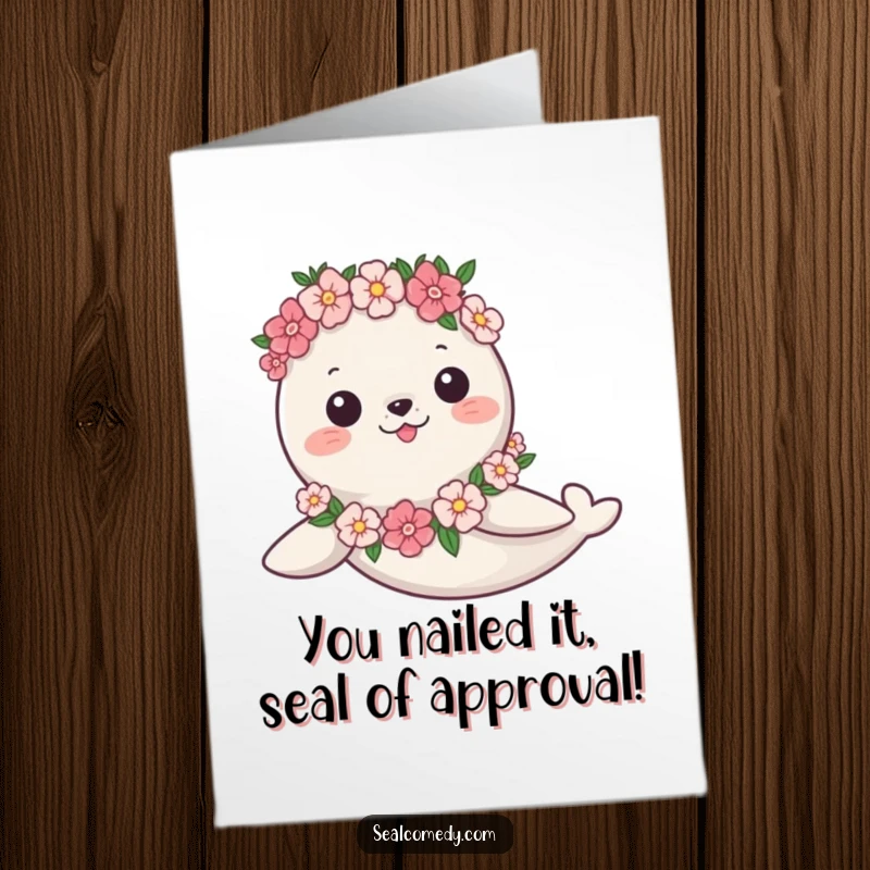 Funny Free Printable Congratulations Card: A sweet seal adorned with a flower garland, swimming elegantly underwater.
