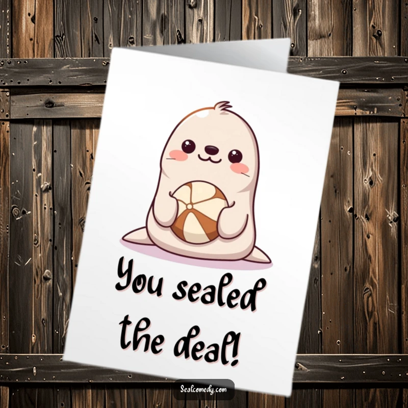 Funny Free Printable Seal Congratulations Card: Happy seal smiling, balancing a ball on its nose, celebratory.