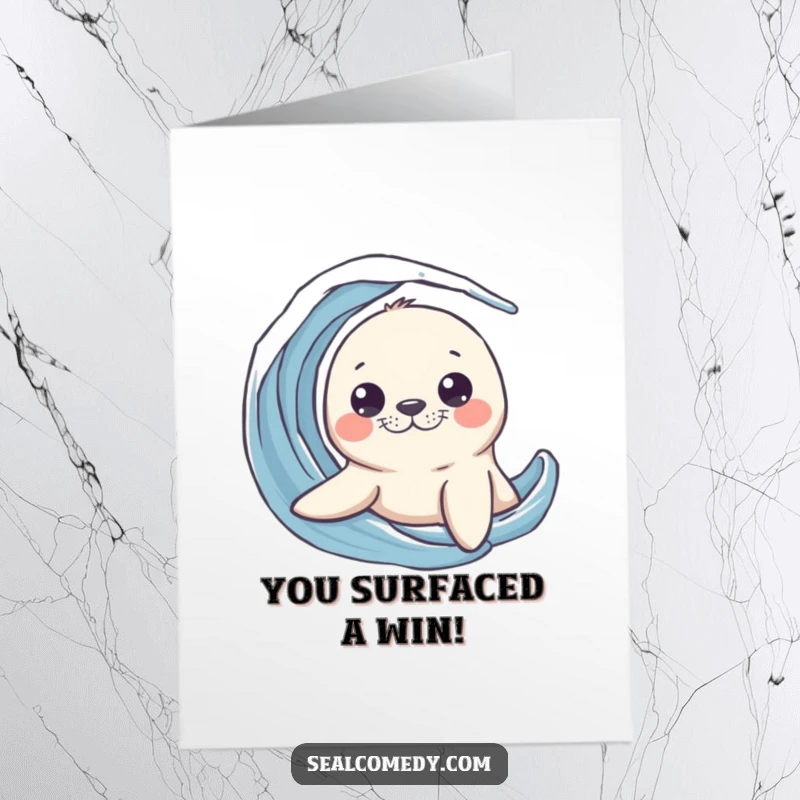 Funny Free Printable Congratulations Card showing a curious seal emerging from a water wave, offering a playful peek.
