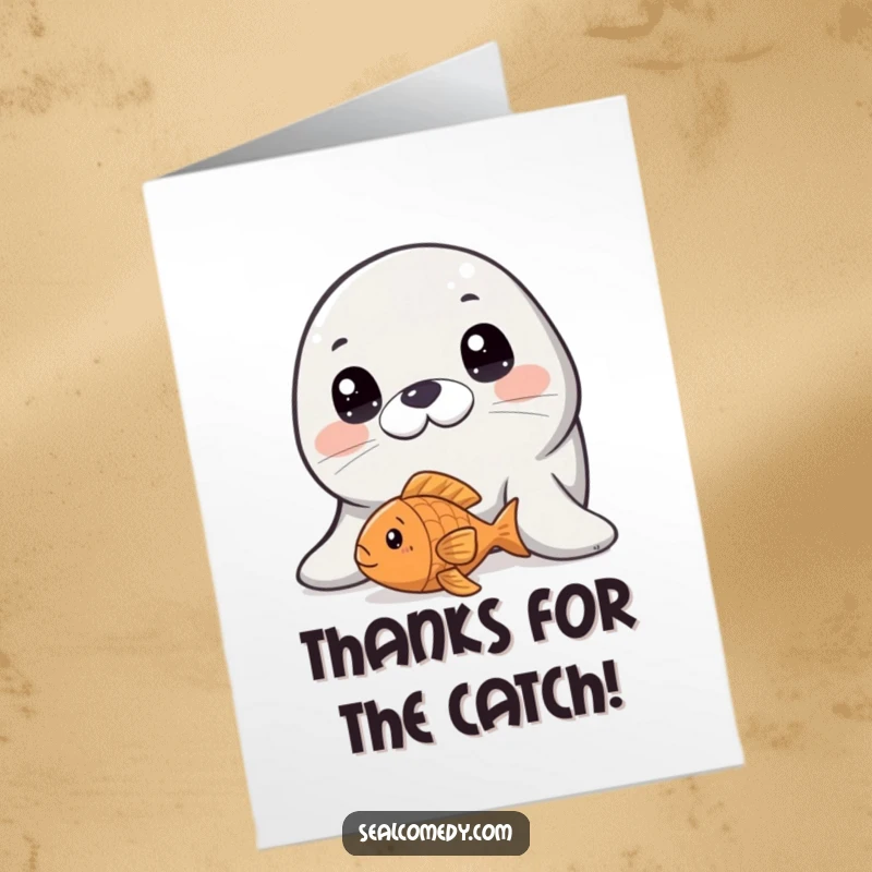 Funny Free Printable Thank You Card: A seal with innocent eyes peers at a fish toy, expressing thanks.