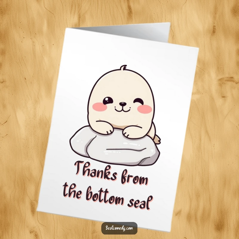 Funny Free Printable Thank You Card of a seal with a pleased expression resting chin on stone, showing mellow gratitude.