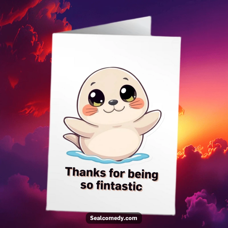 Free printable thank you card: A seal with inquisitive eyes waving a flipper, sending sincere thanks.