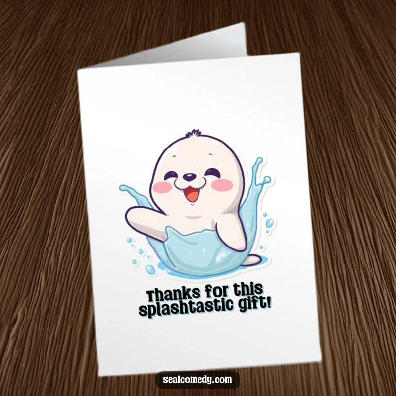 Funny Free Printable Thank You Card: Happy seal character splashing water with its flipper, sending a joyful thank you.