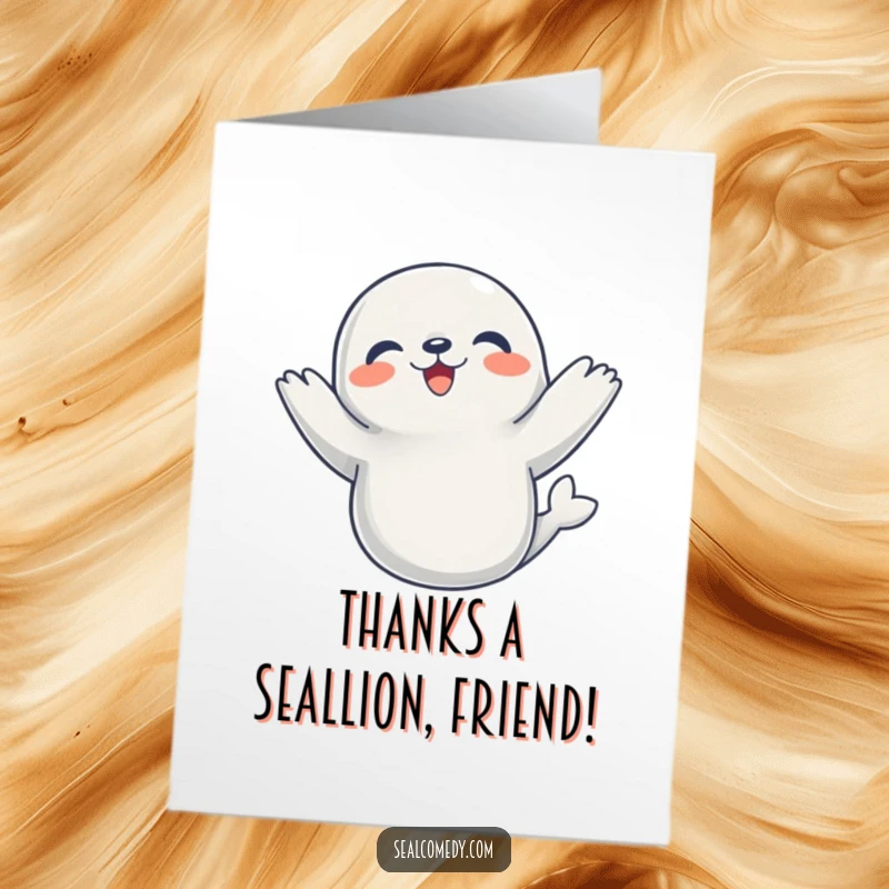 Funny Free Printable Thank You card: A happy seal celebrates with a delightful dance, showing gratitude with its flippers up.