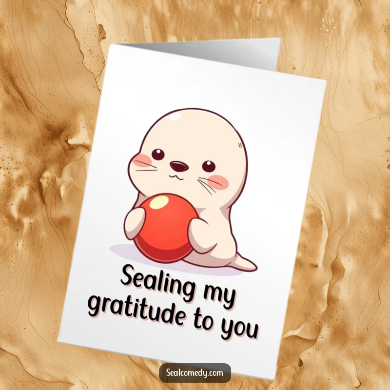 Funny Free Printable Thank You Card: Cute seal character balancing a bright red ball perfectly on its nose.