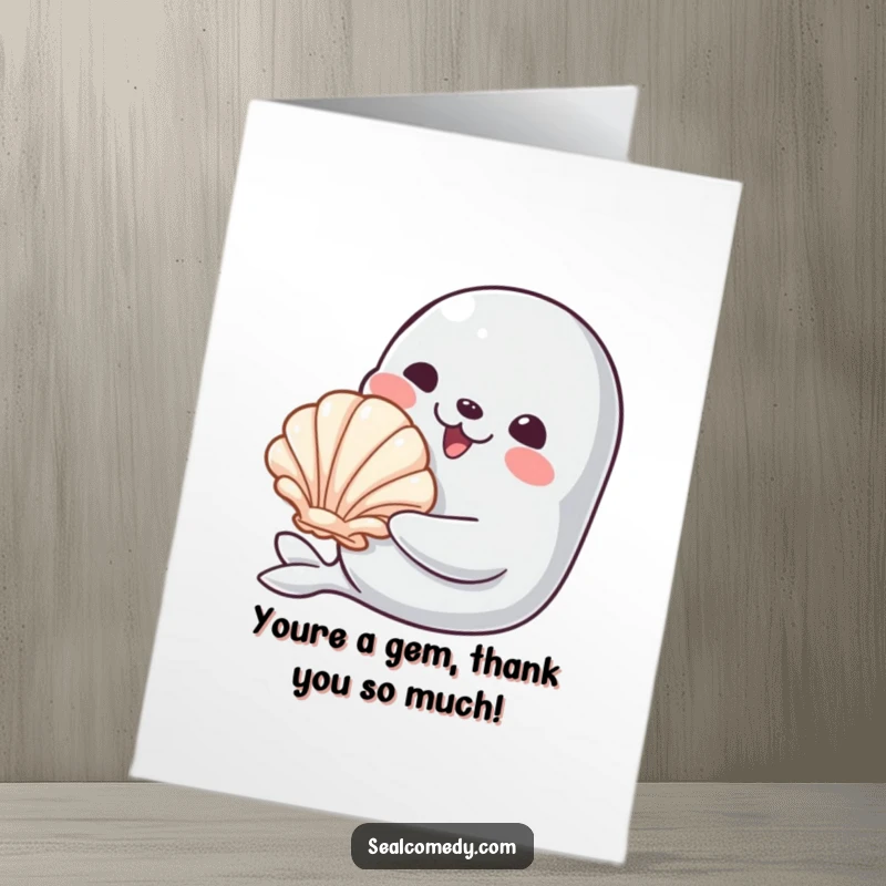 Funny Free Printable Thank You Card: A seal offers a beautiful shiny seashell with a heartwarming smile. DIY downloadable.