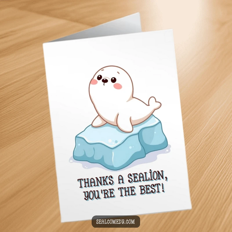 Funny Free Printable Thank You Card: Playful seal character sliding down ice, expressing thanks with a cheerful slide.