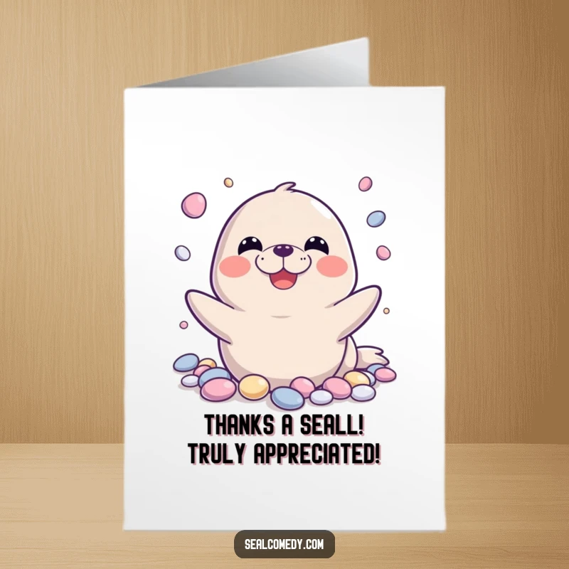 Funny Free Printable Thank You Card showcasing a seal juggling pebbles, expressing cheerful gratitude.