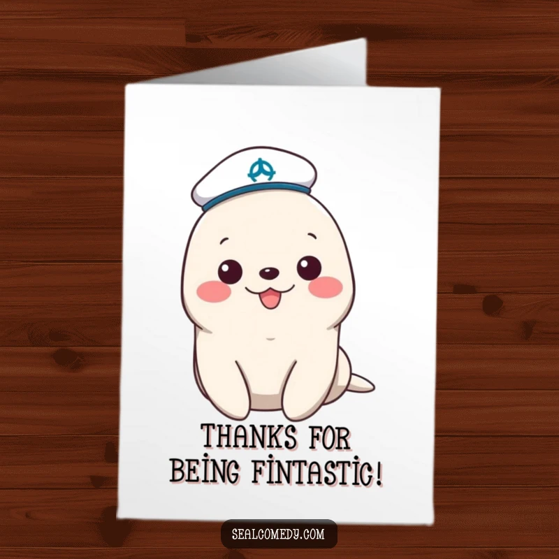 Funny free printable thank you card, cheerful seal wearing a tiny sailor hat, expressing gratitude.