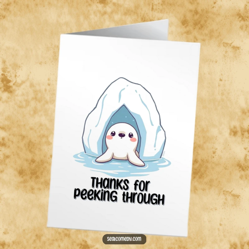 Funny Free Printable Seal Thank You Card: Curious seal peeking from iceberg, arctic theme, grateful.