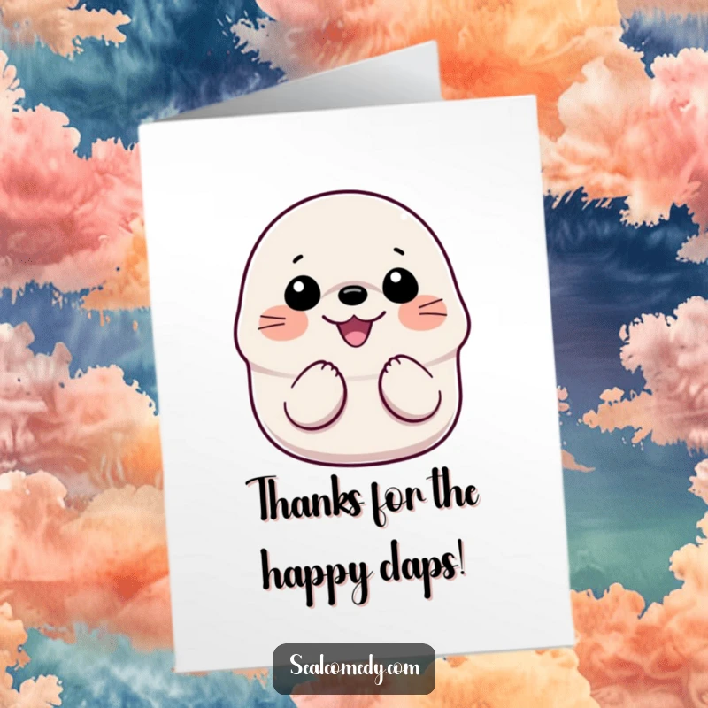 Funny Free Printable Thank You Card: A seal smiling widely and clapping its flippers together gleefully.
