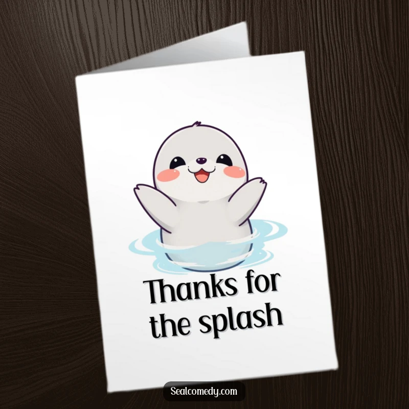 Funny Free Printable Thank You Card with a joyful seal clapping its flippers enthusiastically in the water, expressing thanks.