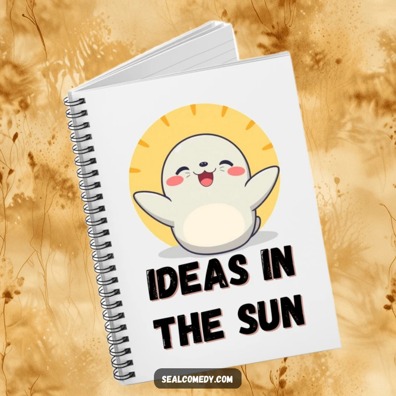 Funny basking seal notebook with flippers extended, perfect for jotting down ideas with cheerful sunny vibes and adorable animal charm.