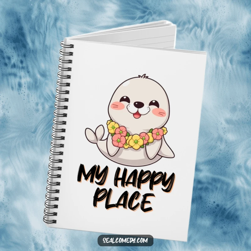 Funny happy seal notebook adorned with a seaweed lei, ideal for writing down joyful thoughts and creative ideas.