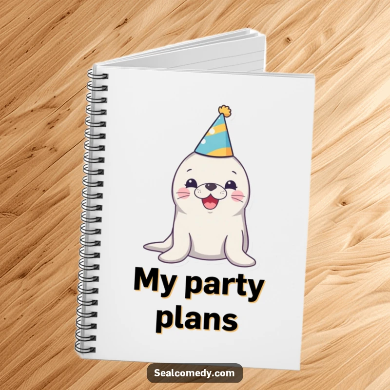 Funny notebook cover with a seal wearing a party hat and honking, inspiring fun and creative note-taking for celebrations.