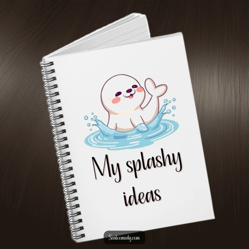 Funny seal notebook cover with a playful seal splashing water with its tail, inspiring creative notes and aquatic doodles.