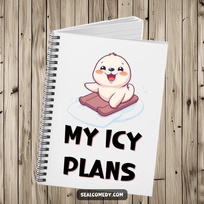 Funny seal pup mid-slide on ice, smiling, featured on a notebook cover for capturing notes and ideas humorously.