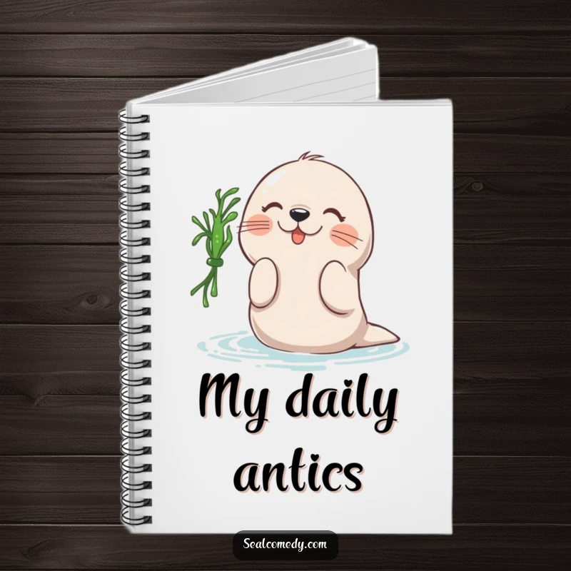 Funny notebook featuring a seal playfully batting at a piece of seaweed, perfect for jotting down notes with a side of humor.