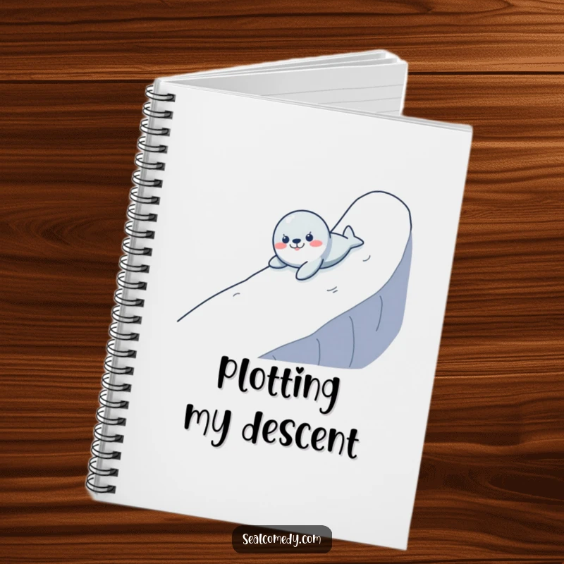 Funny notebook cover illustrating a seal comically sliding down a wet surface, inspiring fun and playful note-taking.