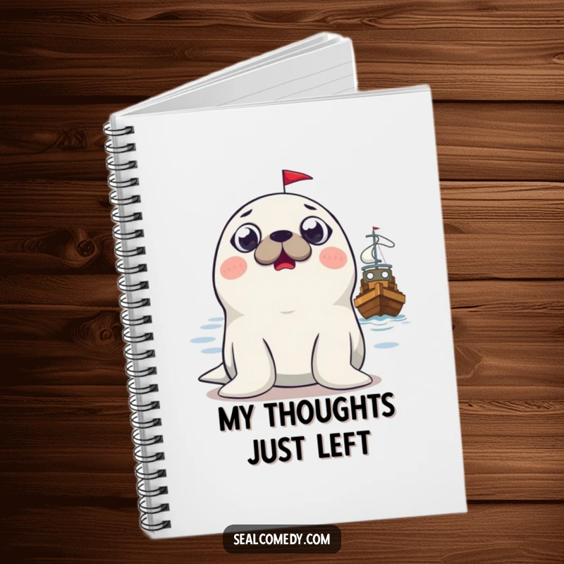 Funny surprised seal notebook, featuring a seal with wide eyes looking at a boat, perfect for jotting down humorous notes.