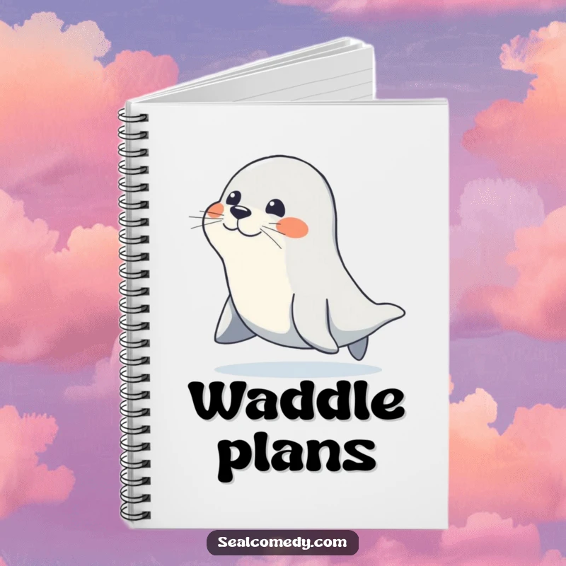 Funny notebook featuring a seal waddling with a determined, happy gait, ideal for journaling goals, plans, and journeys.